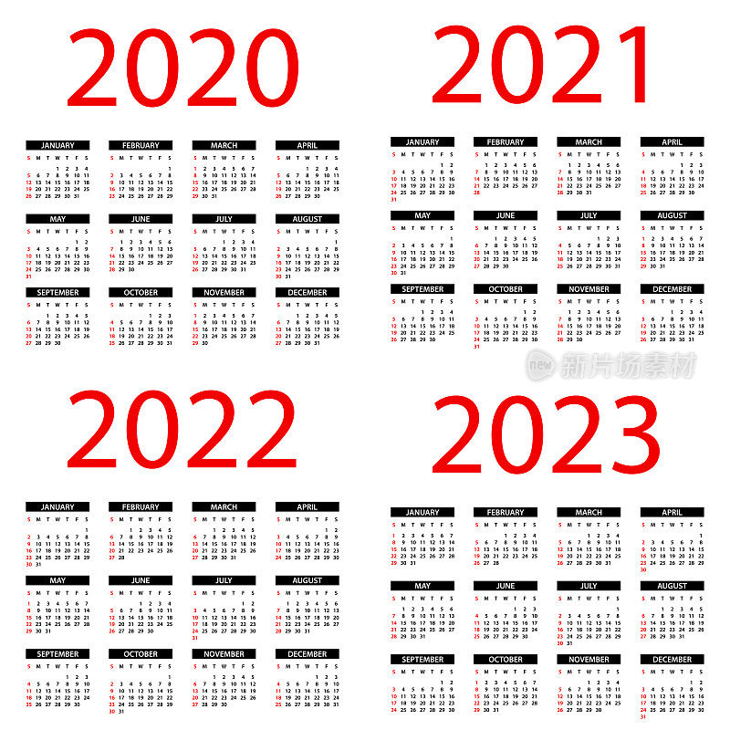 日历2020 2021 2022 2023 -简单布局插图。一周从周日开始。日历设定为2020年、2021年、2022年、2023年